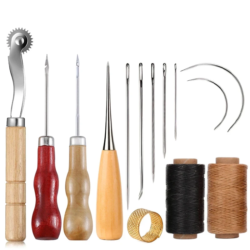 Leather Tooling Kit - 14PCS หนังหัตถกรรมชุดเย็บผ้าด้ายไม้ Handle เข็มเย็บผ้ามือสําหรับเริ่มต้นหนังซ่อมเย็บเครื่องมือ