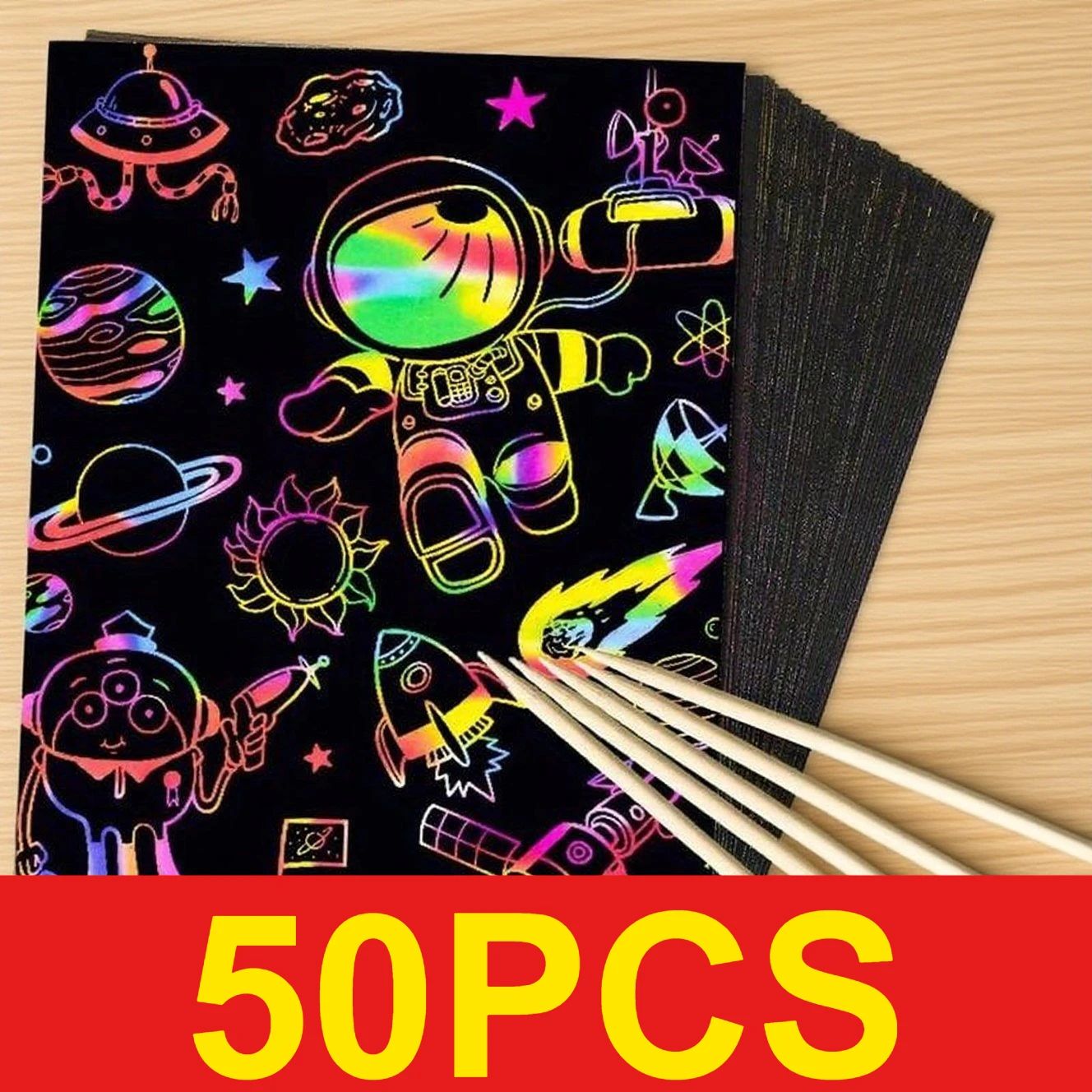 Art Craft Kits For Kids - กระดาษขูดลายสีรุ้ง 50 แผ่น ชุดงานศิลปะสำหรับเด็ก กระดาษโน้ตสีดำ แผ่นวาดเขียน