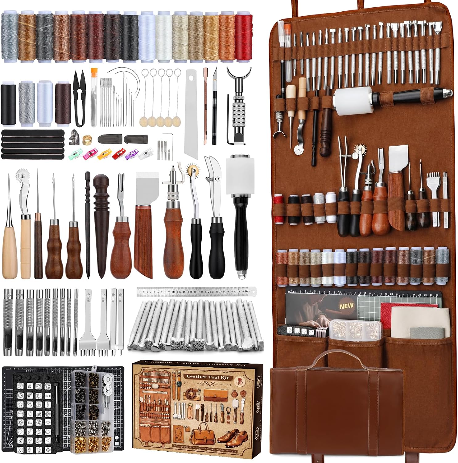 Leather Tooling Kit - ชุดอุปกรณ์งานหนัง, เครื่องมือทำงานหนังและชุดงานฝีมือพร้อมกระเป๋าเก็บของแบบกำหนดเอง, อุปกรณ์แกะสลัก, ตัด, เย็บ, ปั๊ม,