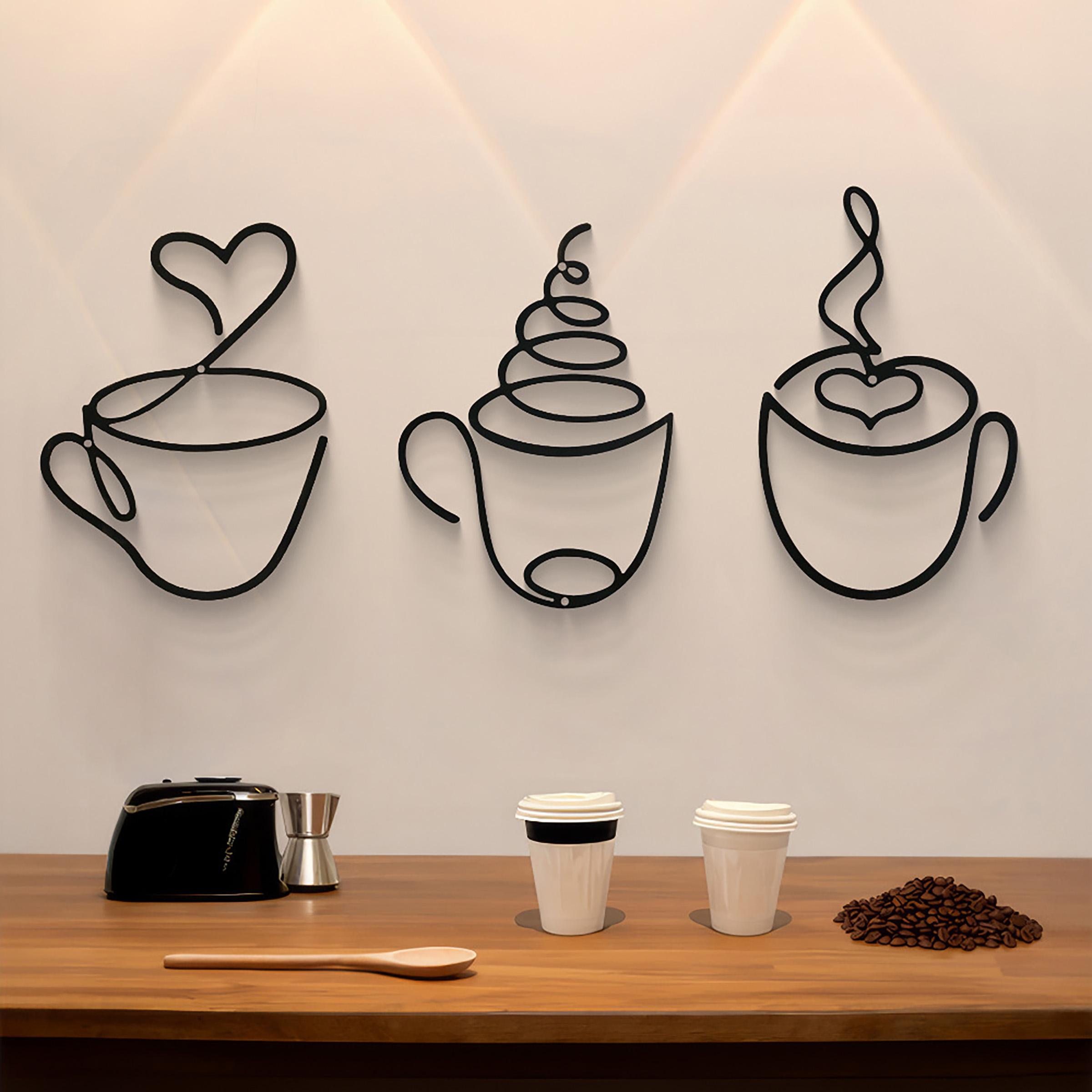 Art Craft Cafe - ชุดแขวนผนังกาแฟสร้างสรรค์ 3 ชิ้น, ของตกแต่งคาเฟ่, งานศิลปะเหล็กสำหรับตกแต่งบ้าน, ของตกแต่งผนังภายในบ้าน,